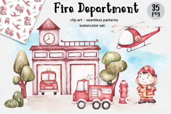 Watercolor Set “Fire Department” Illustrations Bring Bold Charm to Local Branding